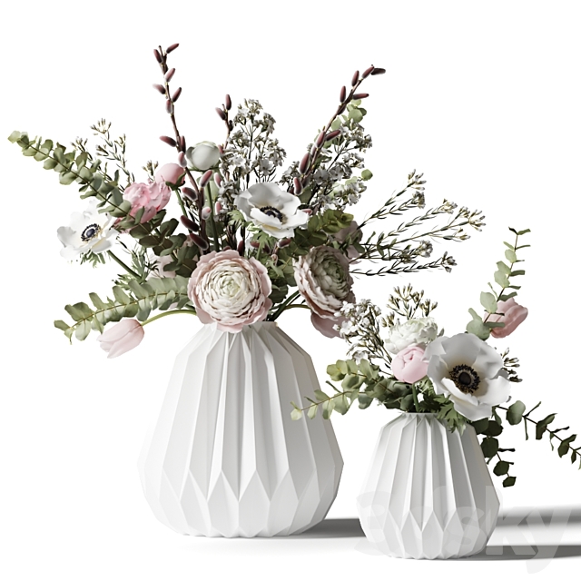 Two bouquets in white ribbed vases 3DSMax File - thumbnail 1
