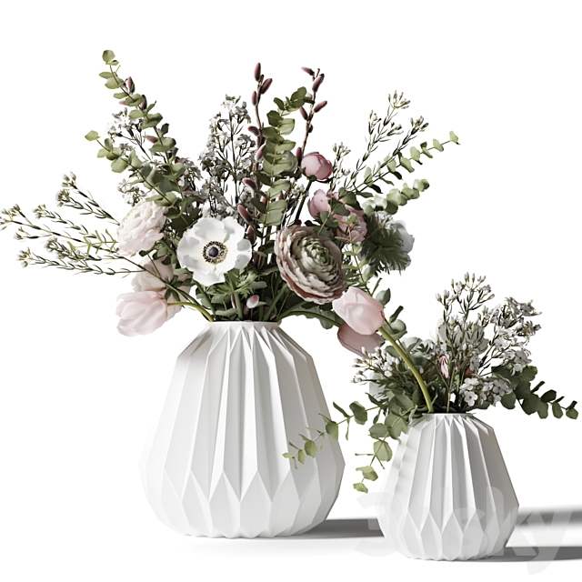 Two bouquets in white ribbed vases 3DSMax File - thumbnail 2