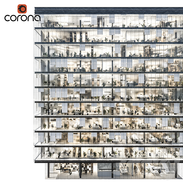 Modern office building 04 | night + interiors 3d