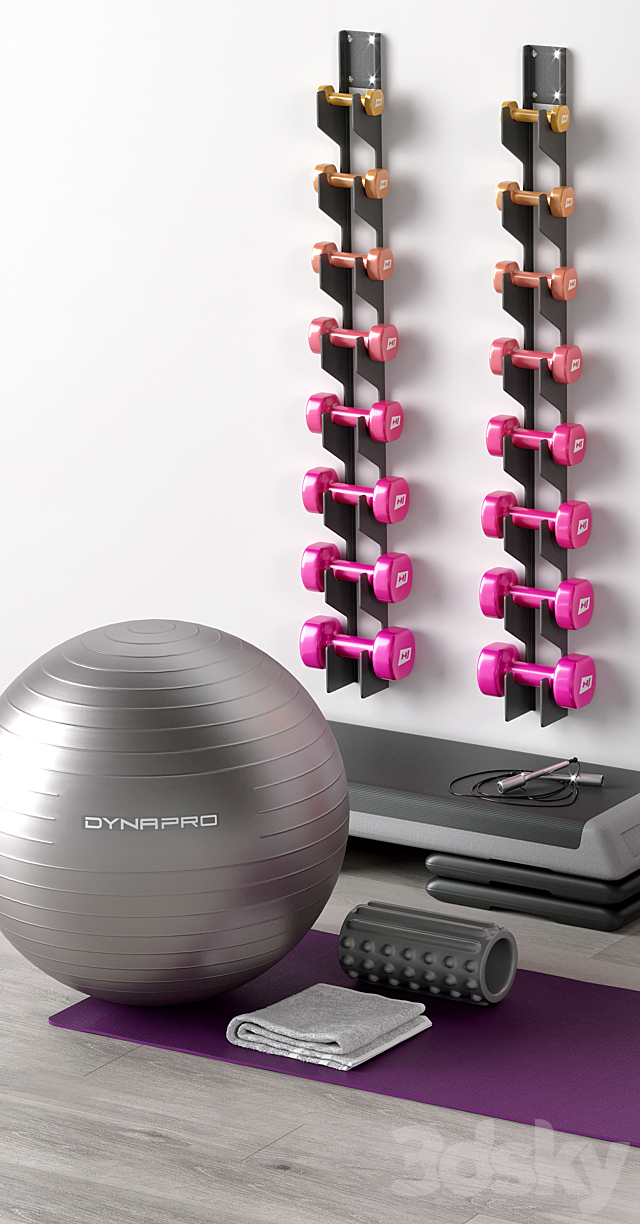 Excellent set for a fitness room. Sport equipment. Set 3d