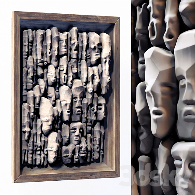 Wood faces panel decor n2 _ Panel from wooden faces No. 2 3DSMax File - thumbnail 1