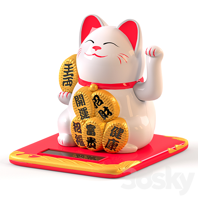 Maneki Neko Cat White and Gold 3d