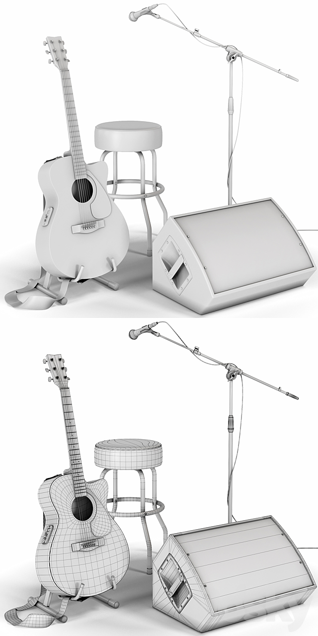 Guitar. Guitar set for stage. Musical instrument. Microphone 3d Download