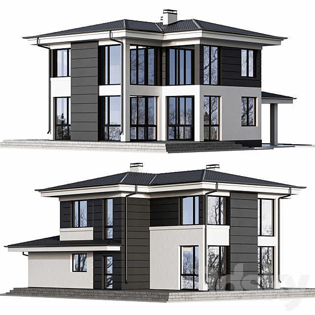 Two-storey cottage with panoramic windows 3DSMax File - thumbnail 1