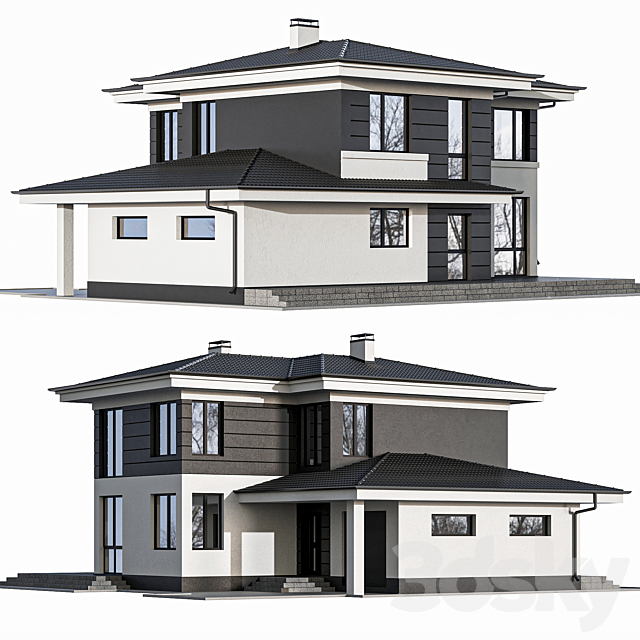 Two-storey cottage with panoramic windows 3DSMax File - thumbnail 2