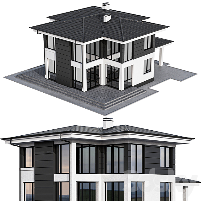 Two-storey cottage with panoramic windows 3DSMax File - thumbnail 3