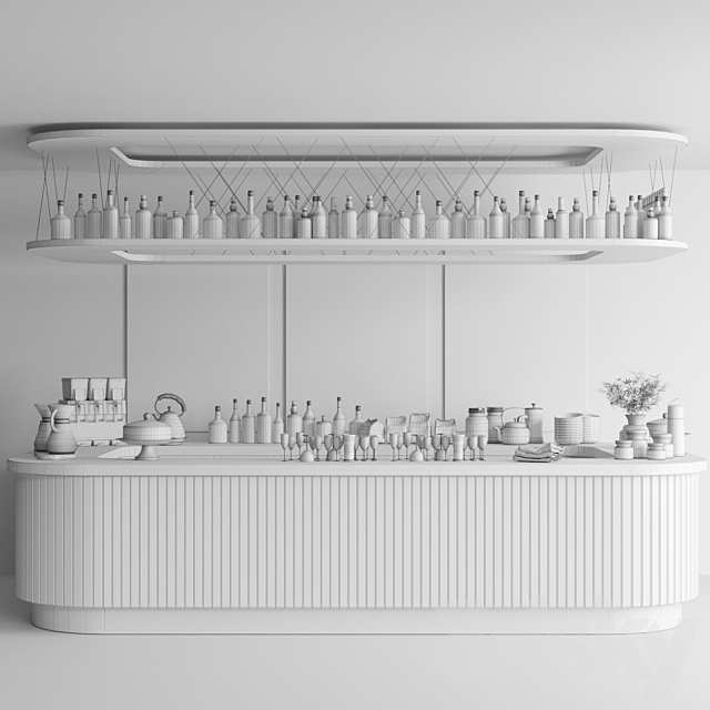 A large design project of a bar counter with strong alcohol. wine and a variety of cocktails. Alcohol 3d