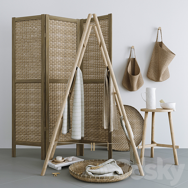 Set with Folding screen. baskets and decorative stairs 3d