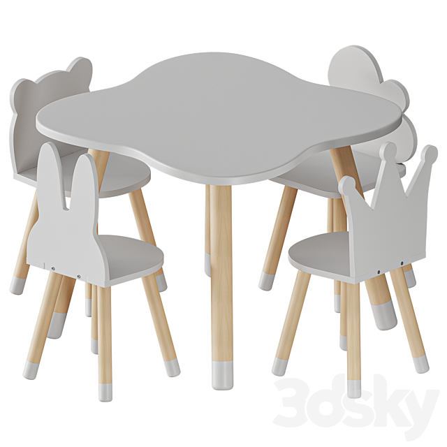 FUN Wooden Kids Table and Chairs Set 3DSMax File - thumbnail 3