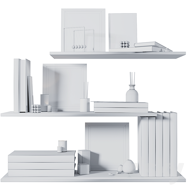 Shelves with books and decorative filling 3d