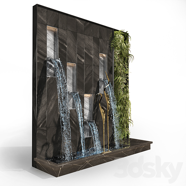 Water falls with Birds 3d