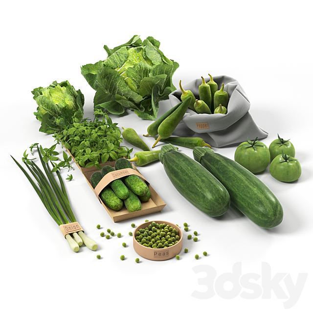 Set with green vegetables: cabbage. cucumbers. peppers. zucchini. onions. tomatoes. peas 3DSMax File - thumbnail 1