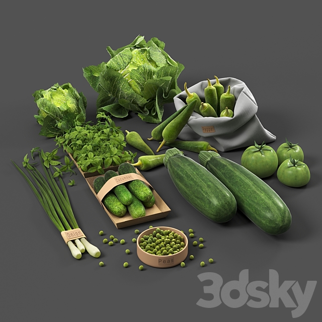 Set with green vegetables: cabbage. cucumbers. peppers. zucchini. onions. tomatoes. peas 3DSMax File - thumbnail 3
