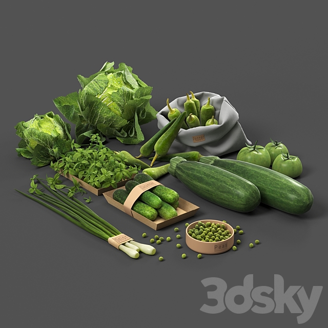 Set with green vegetables: cabbage. cucumbers. peppers. zucchini. onions. tomatoes. peas 3DSMax File - thumbnail 4