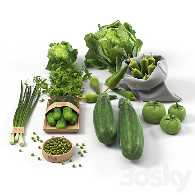 Set with green vegetables: cabbage. cucumbers. peppers. zucchini. onions. tomatoes. peas 3DSMax File - thumbnail 5