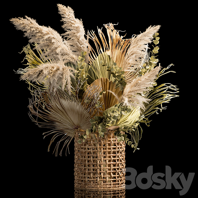 Installation bouquet pampas grass in a wicker basket of twigs. dry leaves. dried flower. 239. 3DSMax File - thumbnail 1