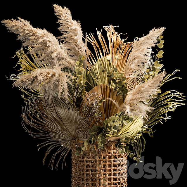 Installation bouquet pampas grass in a wicker basket of twigs. dry leaves. dried flower. 239. 3DSMax File - thumbnail 2