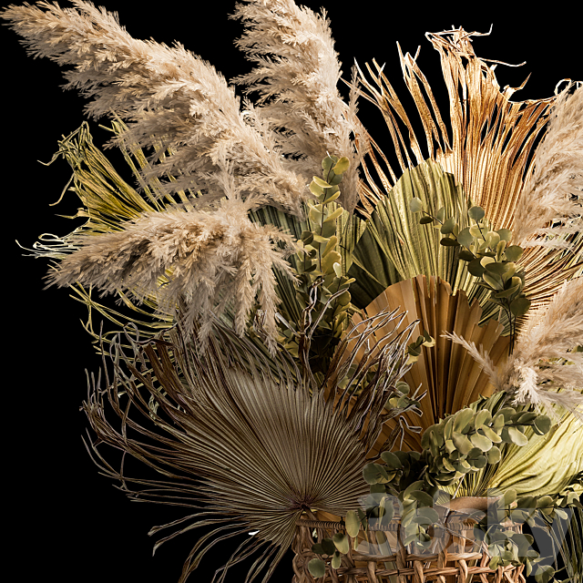 Installation bouquet pampas grass in a wicker basket of twigs. dry leaves. dried flower. 239. 3DSMax File - thumbnail 3