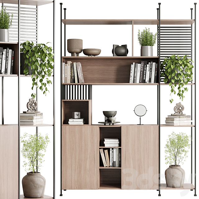 Metal Shelves Decorative With Plants and Book - Wooden Rack 01 3d