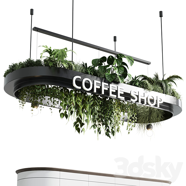 Coffee shop reception. Restaurant counter by  hanging plant - corona 01 3d