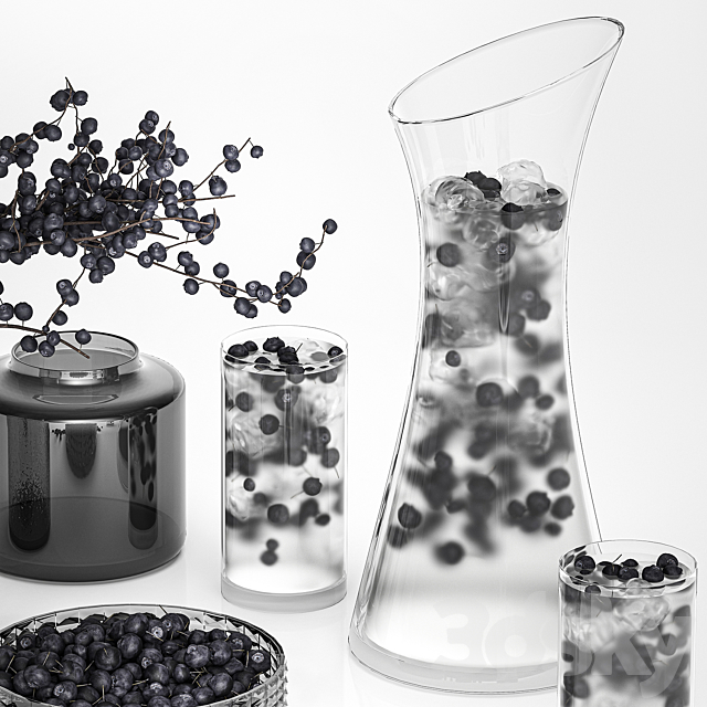 blueberry lemonade. Decanter. glass. cocktail. blueberries. vase. branches. ice. drink. table decoration 3DSMax File - thumbnail 5