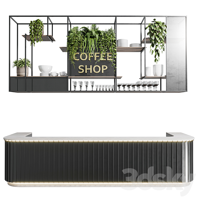 Coffee shop reception. Restaurant counter by hanging plant - 02 3d