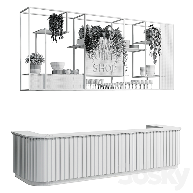 Coffee shop reception. Restaurant counter by hanging plant - 02 3dmodel