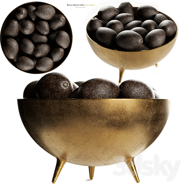 Picardy Brass Footed Bowl Centerpiece with Avocados 3DSMax File - thumbnail 1