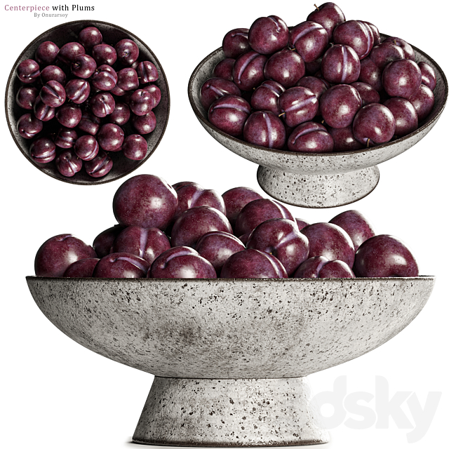 Shinola Centerpiece Bowl with Purple Plums Decoration 3DSMax File - thumbnail 1