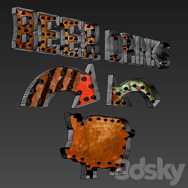 Lighted Metal sign. Set 3 3dsky