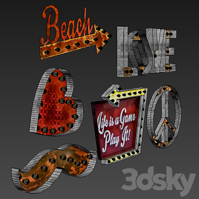 Lighted Metal sign. Set 4 3dsky