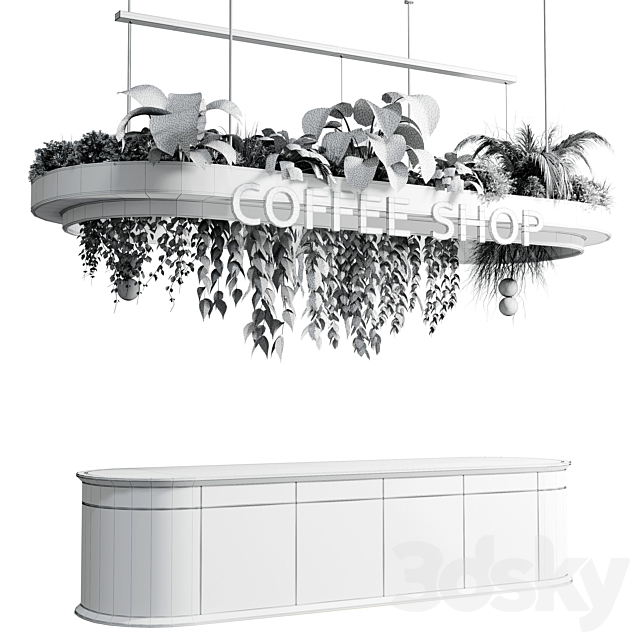 Coffee shop reception. Restaurant counter by hanging plant - 01 3dskyfree